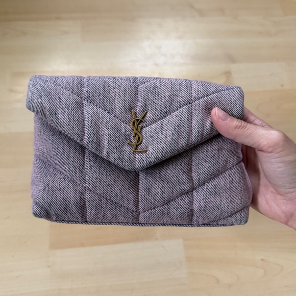 Saint Laurent Denim Quilted Loulou Puffer Monogram Pouch Clutch Bleached Lilac - Picture 2 of 9